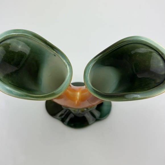 Vintage Hull Pottery Double Cornucopia Vase 103 Mottled Orange and Green - Picture 5 of 15